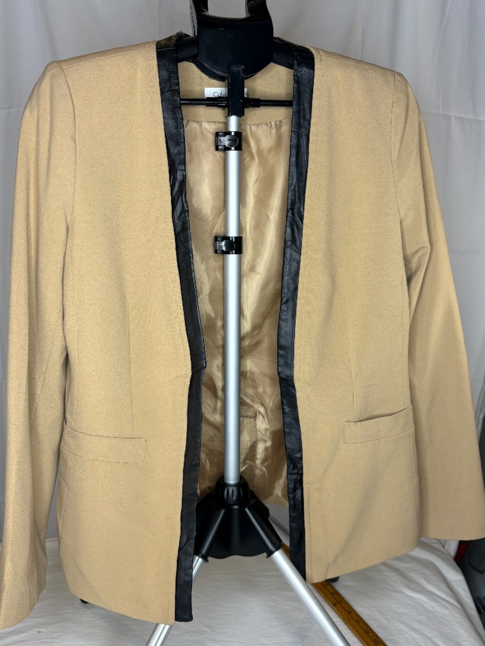 Calvin Klein Women’s Camel Open Front Blazer Jacket w/Faux Leather Trim Size 8